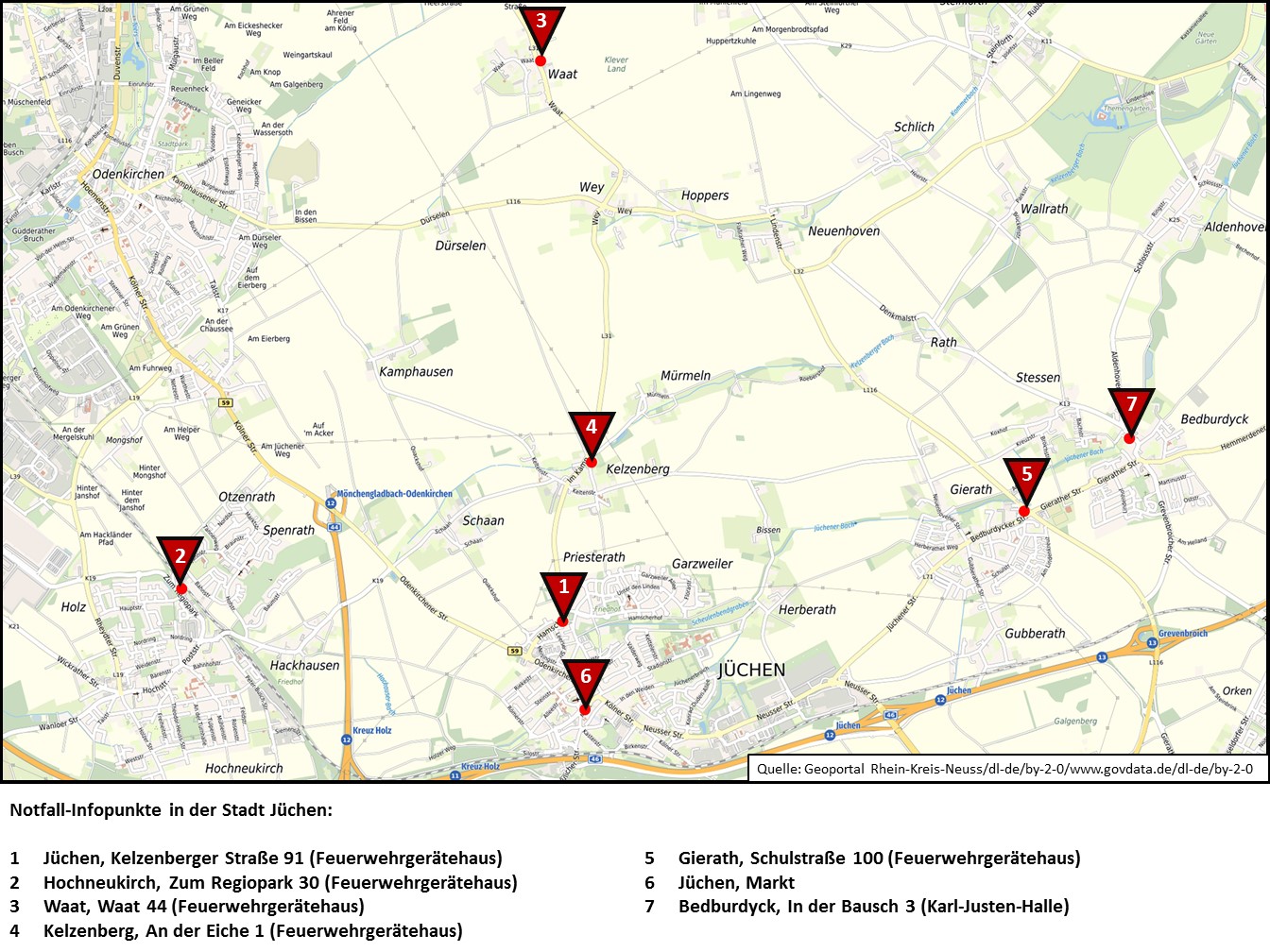 Landkarte mit Adressen der Notfall-Infopunkte in der Stadt Jüchen.